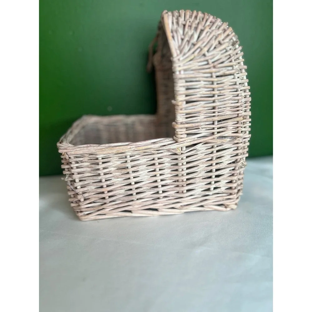 Vintage Wicker Doll Bassinet Basket Hooded Pink Whitewash Nursery Decor Prop